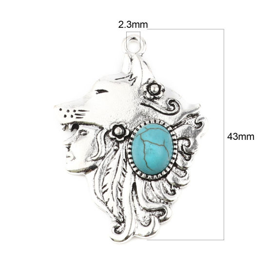 Bild von Zinklegierung Böhmischer Stil Anhänger Wolf Antiksilber Blau Imitat Howlith 43mm x 31mm, 5 Stück