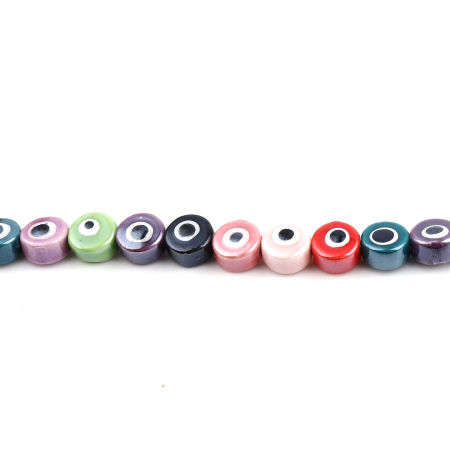 Ceramic Religious Beads Flat Round At Random Color Mixed Evil Eye About 10.5mm Dia, Hole: Approx 2.2mm, 31cm(12 2/8") long, 1 Strand (Approx 30 PCs/Strand)
