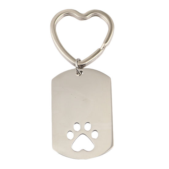 Picture of Stainless Steel Pet Memorial Blank Stamping Tags Keychain & Keyring Silver Tone Heart Paw Claw One-sided Polishing 77mm, 1 Piece