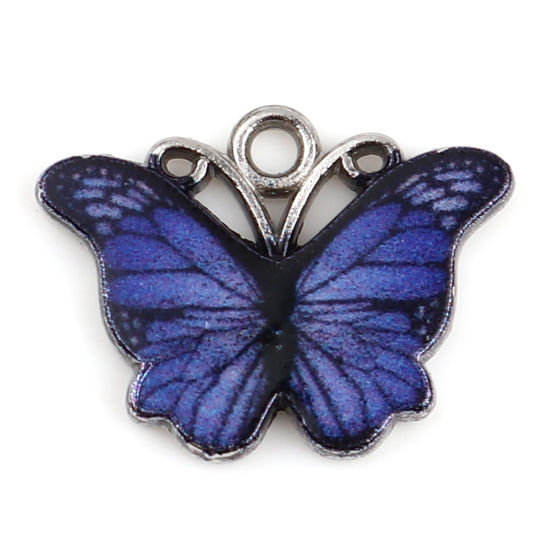 Picture of Zinc Based Alloy Insect Charms Butterfly Animal Silver Tone Blue Violet Enamel 18mm x 14mm, 1 Packet ( 10 PCs/Packet)