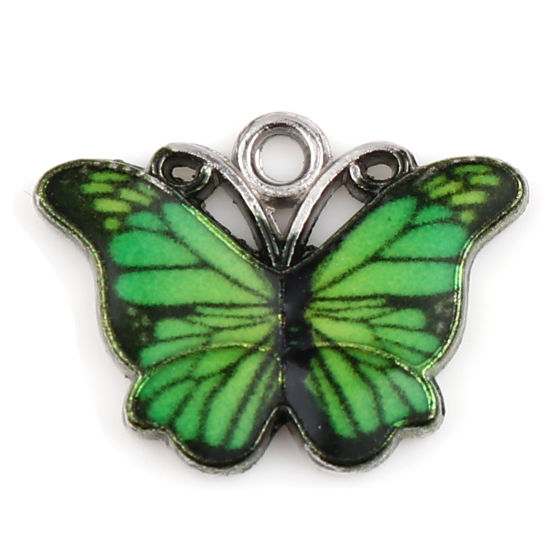 Picture of Zinc Based Alloy Insect Charms Butterfly Animal Silver Tone Green Enamel 18mm x 14mm, 1 Packet ( 10 PCs/Packet)