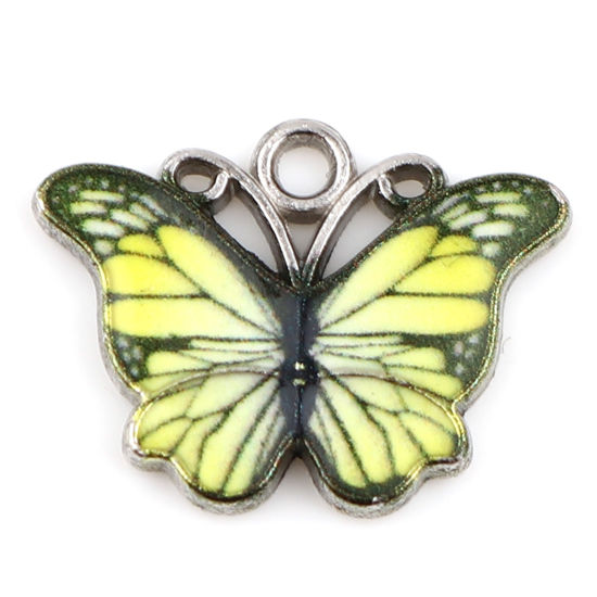 Picture of Zinc Based Alloy Insect Charms Butterfly Animal Silver Tone Yellow Enamel 18mm x 14mm, 1 Packet ( 10 PCs/Packet)