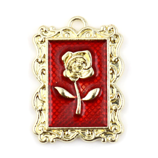 Immagine di Lega di Zinco Charms Rettangolo Oro Placcato Rosso Le foglie del Fiore Smalto 27mm x 20mm , 5 Pz