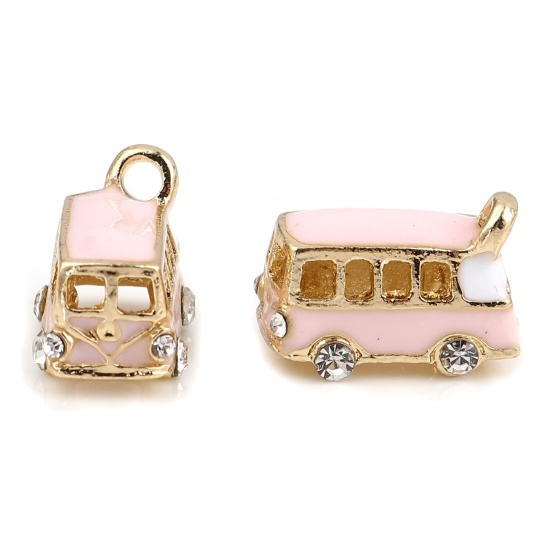 Bild von Zinklegierung Reise Charms Bus Vergoldet Rosa Transparent Strass Emaille 18mm x 13mm, 2 Stück