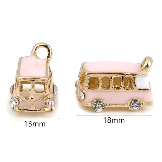 Bild von Zinklegierung Reise Charms Bus Vergoldet Rosa Transparent Strass Emaille 18mm x 13mm, 2 Stück