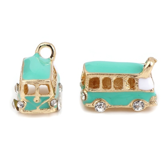 Bild von Zinklegierung Reise Charms Bus Vergoldet Cyanblau Transparent Strass Emaille 18mm x 13mm, 2 Stück