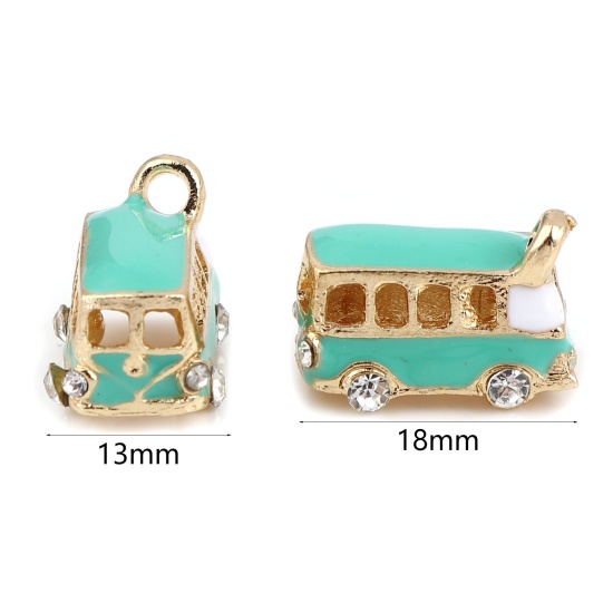Bild von Zinklegierung Reise Charms Bus Vergoldet Cyanblau Transparent Strass Emaille 18mm x 13mm, 2 Stück