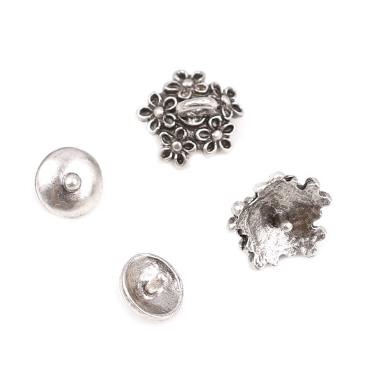 Bild von Zinklegierung Perlkappen Rund Antiksilber Blumen (für Perlengröße: 12mm D.) 7mm D., 11mm x 9mm, 10 Sets ( 2 Stück/Set)