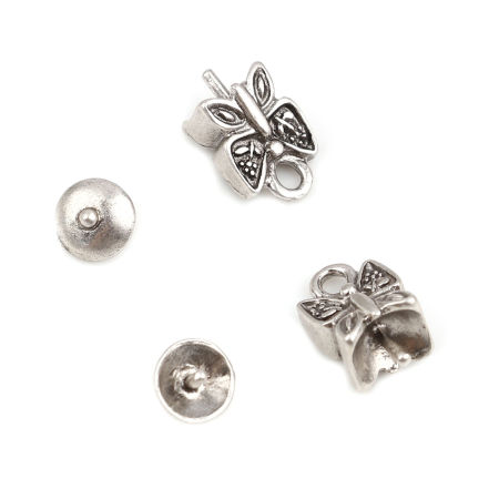 Image de Coupelles Insecte en Alliage de Zinc Rond Papillons Argent Vieilli (Convenable à Perle 14mm Dia.) 7mm Dia, 13mm x 8mm, 10 Kits （ 2 Pcs/Kit)