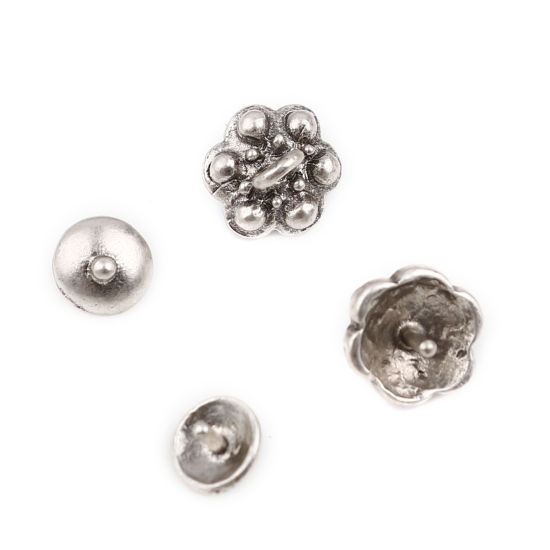 Bild von Zinklegierung Perlkappen Rund Antiksilber Blumen (für Perlengröße: 10mm D.) 7mm D., 10mm x 9mm, 10 Sets ( 2 Stück/Set)