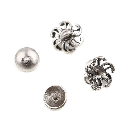 Bild von Zinklegierung Perlkappen Rund Antiksilber Blumen (für Perlengröße: 10mm D.) 7mm D., 10mm x 8mm, 10 Sets ( 2 Stück/Set)