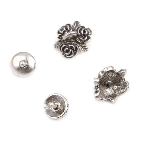 Bild von Zinklegierung Perlkappen Rund Antiksilber Blumen (für Perlengröße: 12mm D.) 7mm D., 11mm x 9mm, 10 Sets ( 2 Stück/Set)