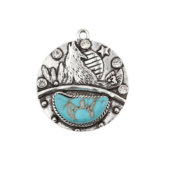 Imagen de Aleación de metal de Zinc + Acrílico Bohemia Colgantes Ronda Plata Antigua Azul Lobo Transparente Rhinestone Imitación de turquesa 35mm x 30mm, 2 Unidades