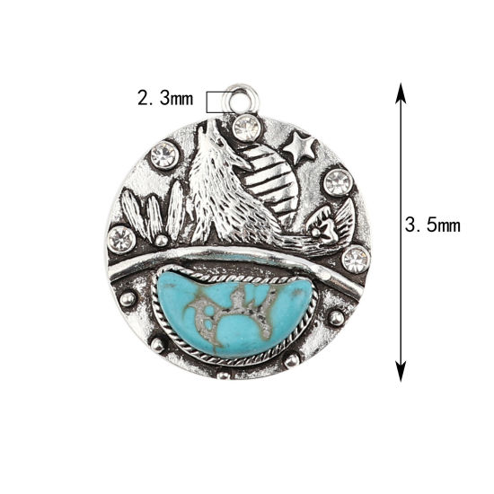 Imagen de Aleación de metal de Zinc + Acrílico Bohemia Colgantes Ronda Plata Antigua Azul Lobo Transparente Rhinestone Imitación de turquesa 35mm x 30mm, 2 Unidades