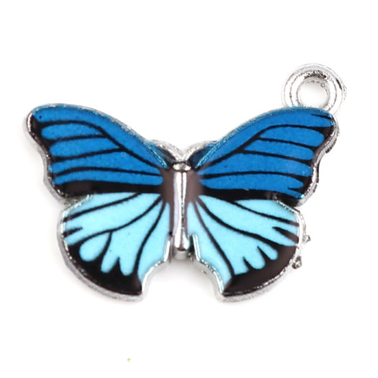 Picture of Zinc Based Alloy Insect Charms Butterfly Animal Silver Tone Blue Enamel 20mm x 15mm, 10 PCs