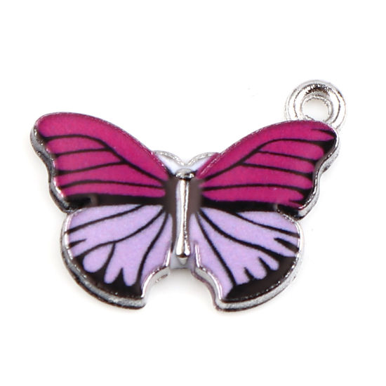 Picture of Zinc Based Alloy Insect Charms Butterfly Animal Silver Tone Purple & Fuchsia Enamel 20mm x 15mm, 10 PCs