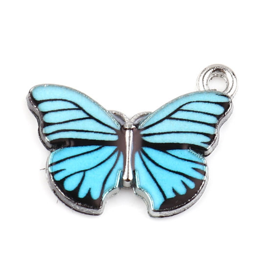 Picture of Zinc Based Alloy Insect Charms Butterfly Animal Silver Tone Light Blue Enamel 20mm x 15mm, 10 PCs