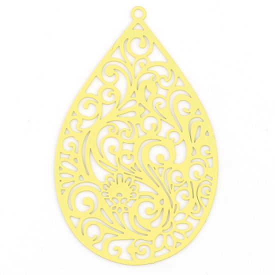 Picture of 5 PCs Iron Based Alloy Filigree Stamping Pendants Yellow Matte Drop Filigree Painted 55mm x 34mm