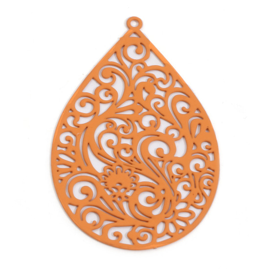 Picture of 5 PCs Iron Based Alloy Filigree Stamping Pendants Orange Matte Drop Filigree Painted 55mm x 34mm