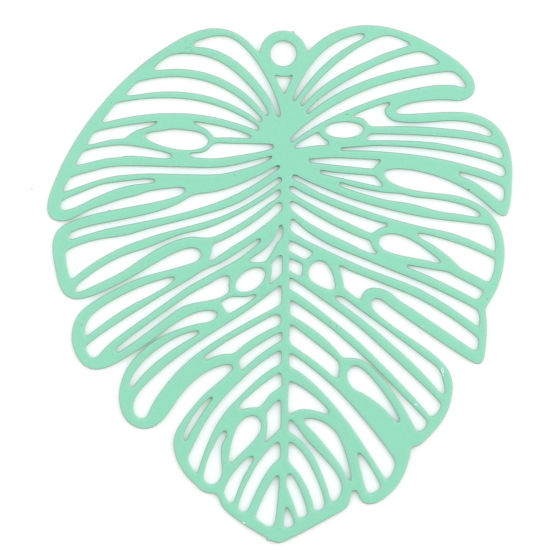 Picture of 5 PCs Iron Based Alloy Filigree Stamping Pendants Green Matte Monstera Leaf Painted 49mm x 44mm