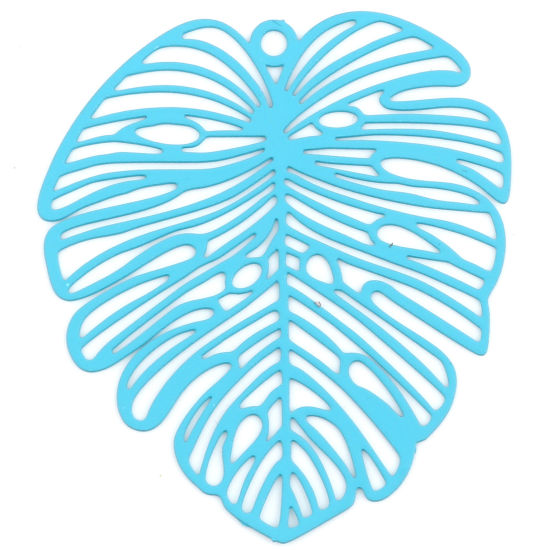 Picture of 5 PCs Iron Based Alloy Filigree Stamping Pendants Blue Matte Monstera Leaf Painted 49mm x 44mm