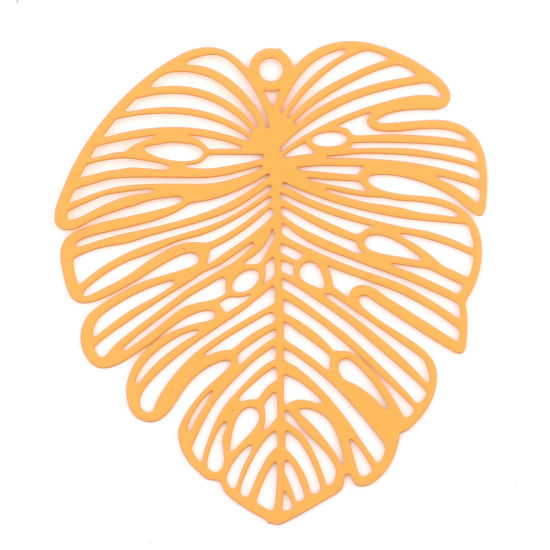 Picture of 5 PCs Iron Based Alloy Filigree Stamping Pendants Orange Matte Monstera Leaf Painted 49mm x 44mm