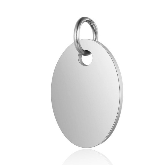 Picture of 201 Stainless Steel Blank Stamping Tags Charms Oval Silver Tone Mirror Polishing 17mm x 10mm, 1 Piece