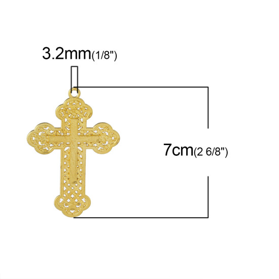 Picture of Zinc Based Alloy Easter Pendants Cross Gold Plated Hollow 70mm(2 6/8") x 50mm(2"), 10 PCs