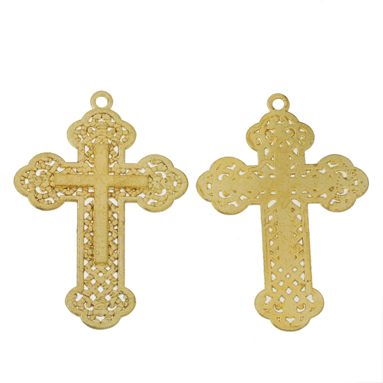 Picture of Zinc Based Alloy Easter Pendants Cross Gold Plated Hollow 70mm(2 6/8") x 50mm(2"), 10 PCs