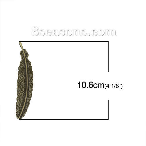 Bild von Zinklegierung Charm Anhänger Feder Bronzefarbe 10.6cm x 2.2cm, 10 Stücke