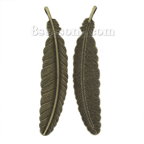 Bild von Zinklegierung Charm Anhänger Feder Bronzefarbe 10.6cm x 2.2cm, 10 Stücke