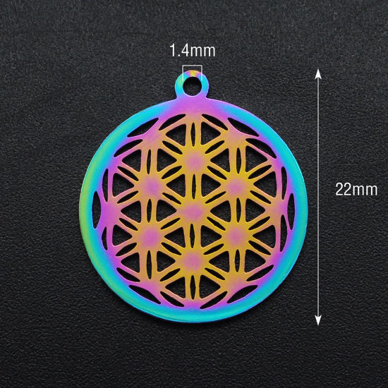 Image de Breloques en Acier Inoxydable Rond Multicolore Fleurs 22mm x 19mm , 1 Pièce