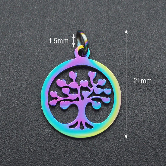 Image de Breloques en Acier Inoxydable Rond Multicolore Arbres 21mm x 15mm , 1 Pièce