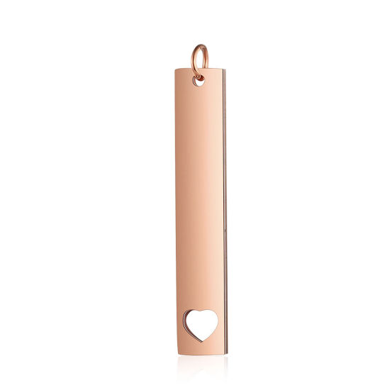 Picture of Stainless Steel Blank Stamping Tags Pendants Rectangle Heart Rose Gold Mirror Polishing 43mm x 7mm, 1 Piece