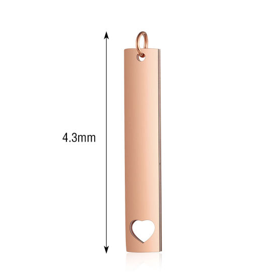 Picture of Stainless Steel Blank Stamping Tags Pendants Rectangle Heart Rose Gold Mirror Polishing 43mm x 7mm, 1 Piece