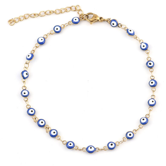 Picture of 1 Piece Vacuum Plating 304 Stainless Steel Religious Anklet Gold Plated Blue Enamel Round Evil Eye 23cm(9") long
