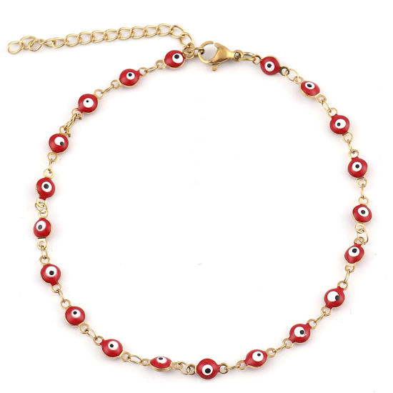 Picture of 1 Piece Vacuum Plating 304 Stainless Steel Religious Anklet Gold Plated Red Enamel Round Evil Eye 23cm(9") long
