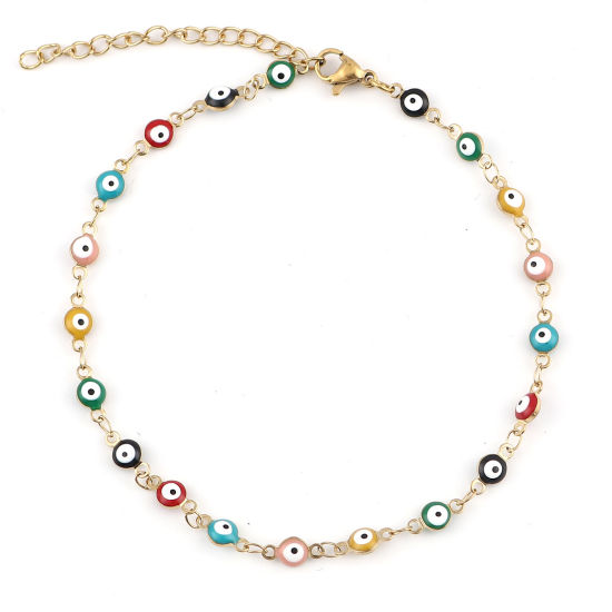 Picture of 304 Stainless Steel Religious Anklet Gold Plated Multicolor Enamel Round Evil Eye 23cm(9") long, 1 Piece