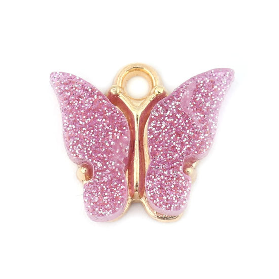 Immagine di Lega di Zinca + Acrilato Insetto Charms Farfalla Oro Placcato Colore Viola Brillio 14mm x 13mm , 10 Pz