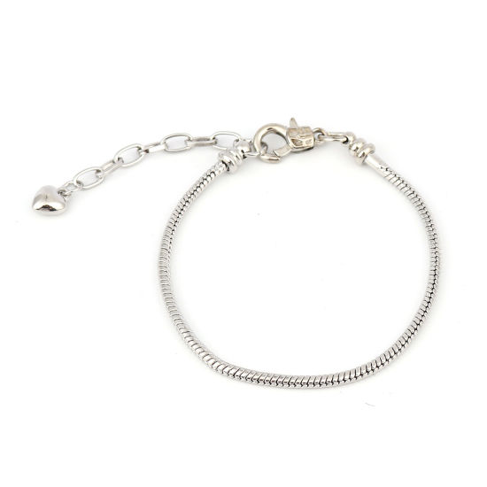 Picture of Copper Snake Chain European Style Bracelets Silver Tone Heart Can Be Screwed Off 20.5cm(8 1/8") long, 1 Piece