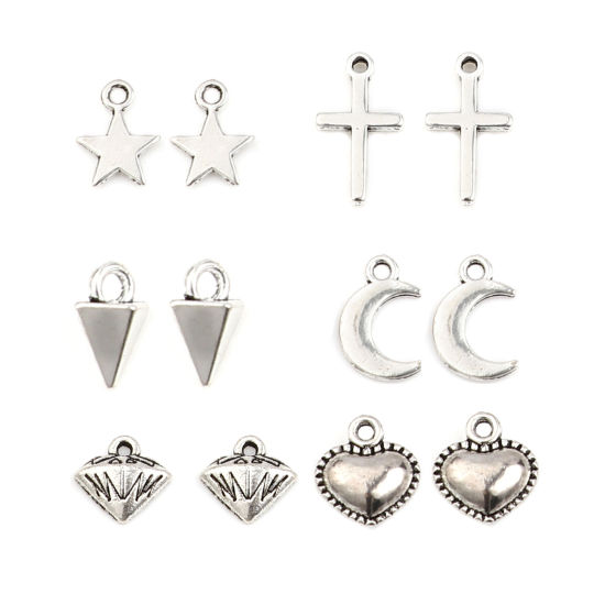 Immagine di Lega di Zinco Charms Croce Argento Antico Luna 18mm x 10mm - 10mm x 7mm, 1 Serie ( 12 Pz/Serie)