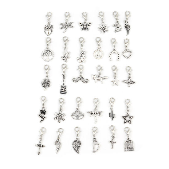 Immagine di Lega di Zinco Marcatori di Punto a maglia Croce Argento Antico Stella a Cinque Punte 38mm x 9mm - 27mm x 10mm, 1 Pacchetto （ 30 PCs/Set)
