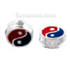 Picture of Zinc Based Alloy Spacer Beads Flat Round Silver Plated Yin Yang Symbol Blue & Red Enamel About 7mm Dia, Hole:Approx 1.4mm, 10 PCs
