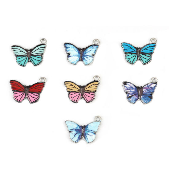 Immagine di Lega di Zinco Insetto Charms Farfalla Tono Argento Colore Misto Smalto 19mm x 15mm , 1 Serie ( 7 Pz/Serie)