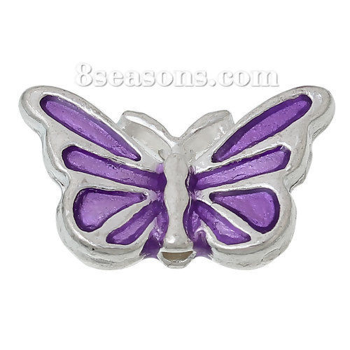 Picture of Spacer Beads Butterfly Purple Silver Plated Enamel About 17mm x 10mm, 5 PCs