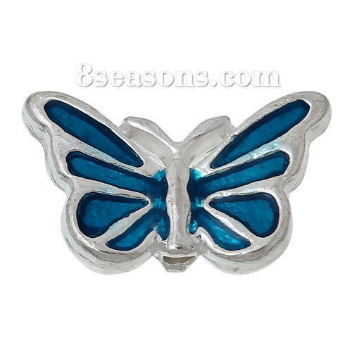 Picture of Spacer Beads Butterfly Blue Silver Plated Enamel About 17mm x 10mm, 5 PCs