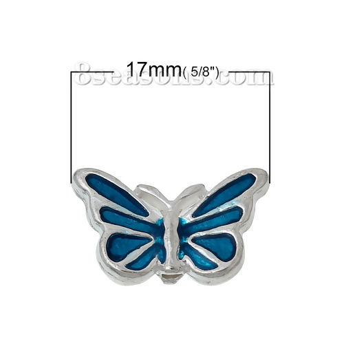 Immagine di Lega di Zinco Separatori Perline Farfalla Blu Argento Placcato Smalto Circa 17mm x 10mm, 5 Pz