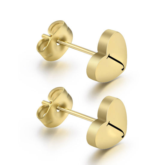 Immagine di Acciaio Inossidabile Orecchini a Perno Oro Placcato Cuore Lettera Maiuscola Lettere " J " 30mm, 1 Paio