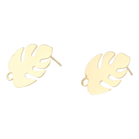 Picture of Zinc Based Alloy Ear Post Stud Earrings Findings Monstera Real Gold Plated W/ Loop 22mm x 17mm, Post/ Wire Size: (21 gauge), 4 PCs
