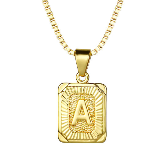 Picture of 24K Real Gold Plated Copper Rectangle Initial Alphabet/ Capital Letter Message " A " Pendant Necklace 55.5cm(21 7/8") - 55cm(21 5/8") long, 1 Piece